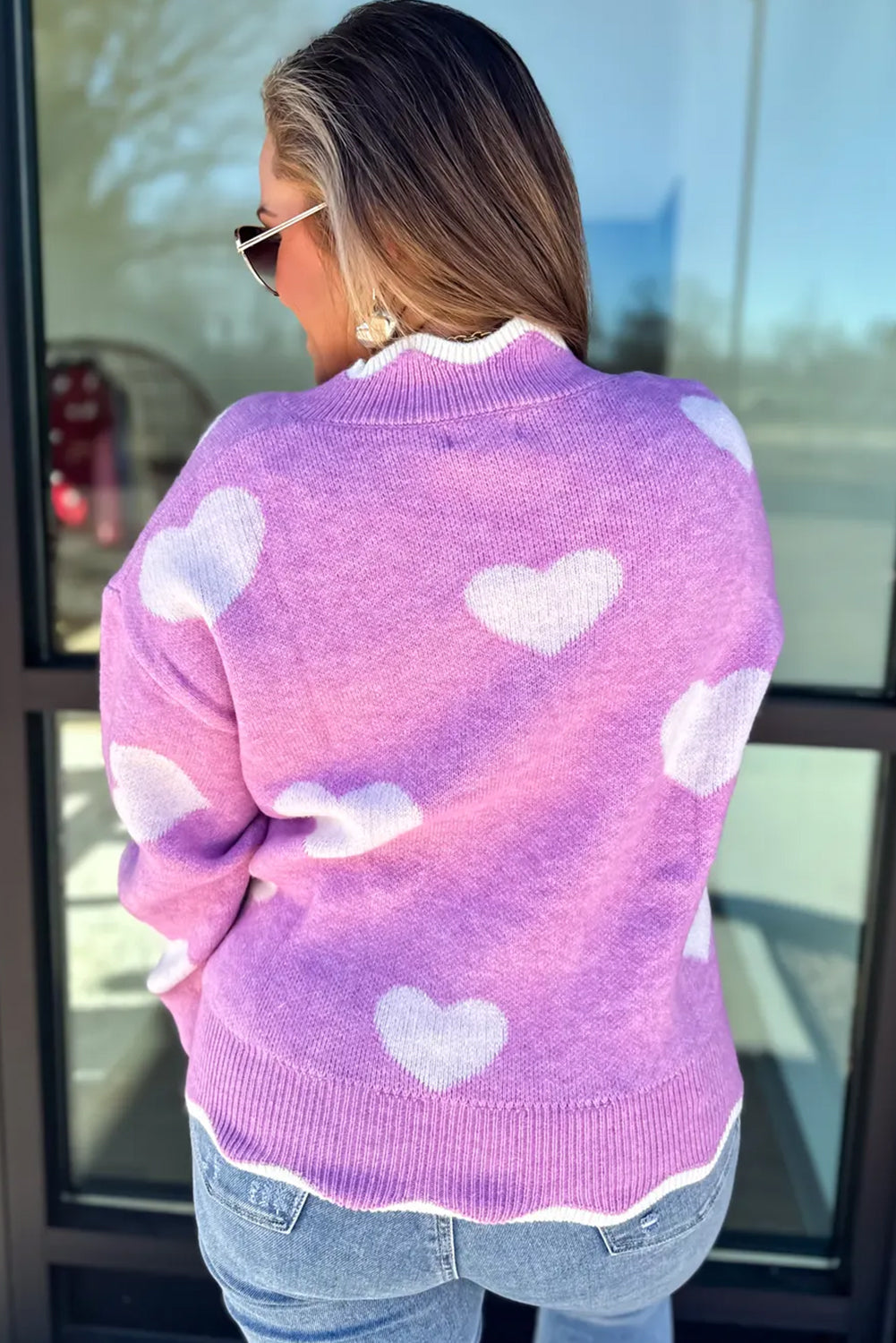 Purple Scalloped V Neck Heart Pattern Plus Size Sweater
