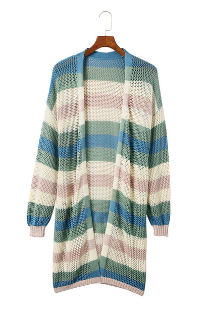 Green Hollowed Knit Color Block Striped Cardigan for Fall