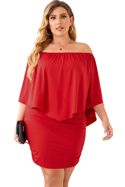 Fiery Red Plus Size Layered Mini Poncho Dress with Versatile Neckline