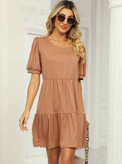 Mini Dresses - Solid Color Square Neck Short Sleeve Loose Stitching Mini Dress - MsDressly
