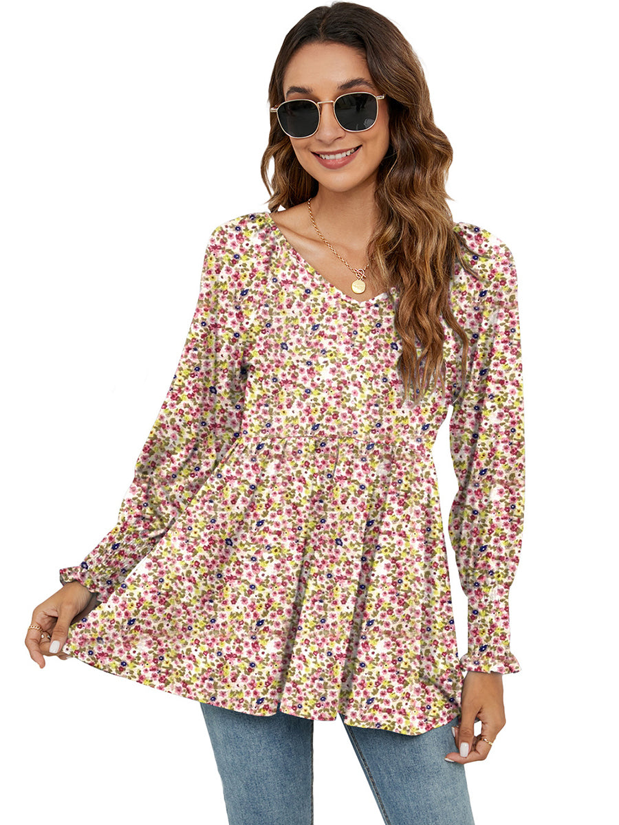 Blouses - Printed Bubble Long-Sleeved Waist Blouse - MsDressly