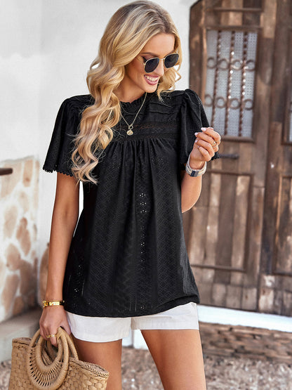 T-Shirts - Casual Solid Color Hollow Round Neck T-Shirt - MsDressly