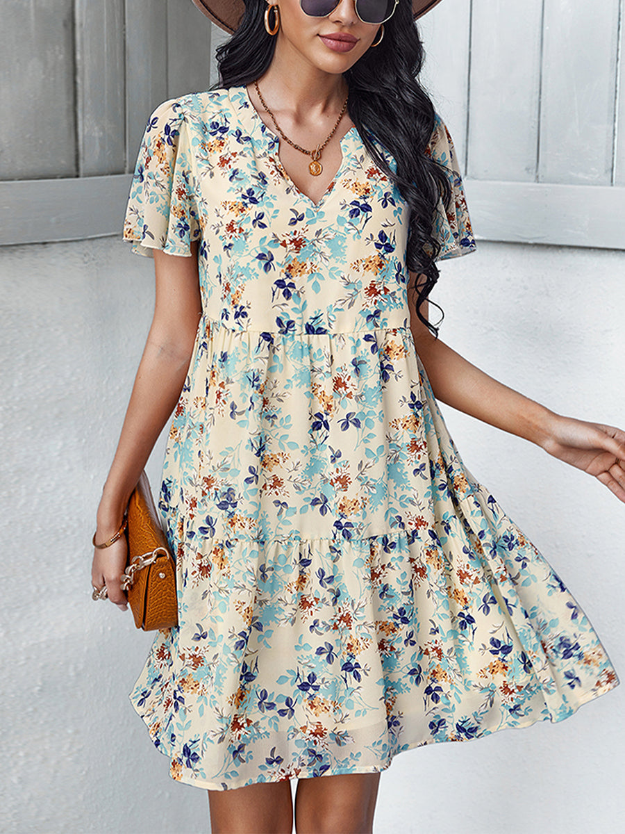 Mini Dresses - Temperament Fashion Print V Neck Mini Dress - MsDressly