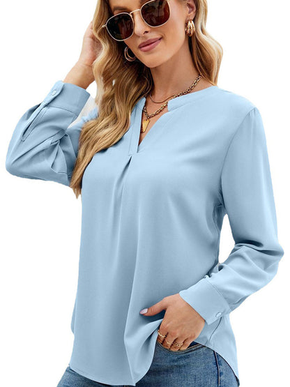 Solid Color Chiffon Loose V-Neck Long Sleeve T-Shirt