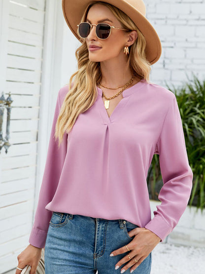T-Shirts - Solid Color Chiffon Loose V-Neck Long Sleeve T-Shirt - MsDressly