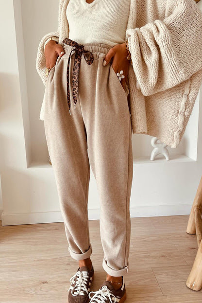 Parchment Leopard Drawstring Corduroy Tapered High Waist Trousers