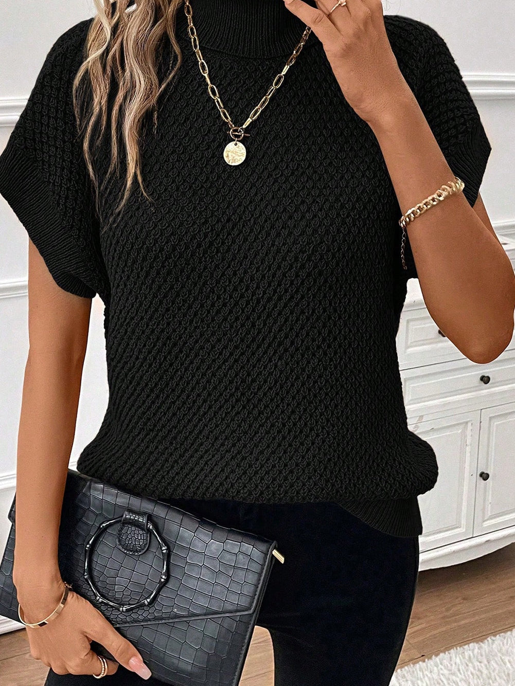 Elegant Black Ribbed Turtleneck Short Sleeve Sweater
