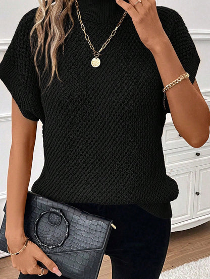 Elegant Black Ribbed Turtleneck Short Sleeve Sweater