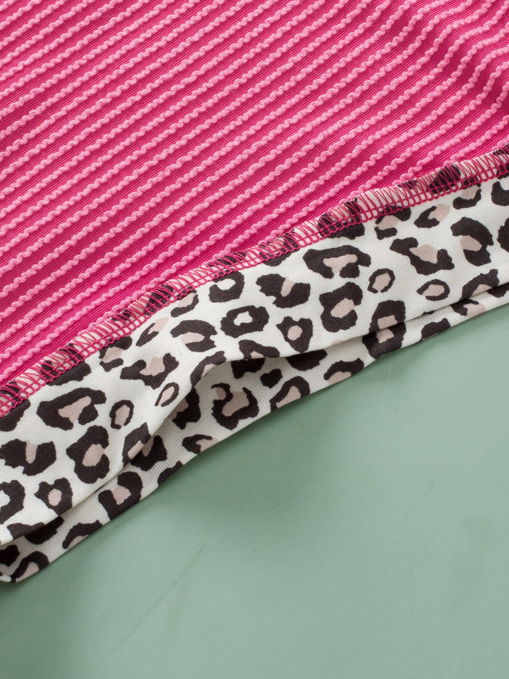 Rose Red Leopard Trim V Neck Short Sleeve Plus Size Corded Top