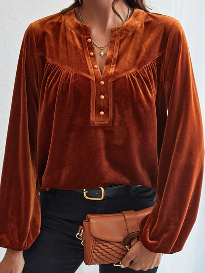 Golden Flare Lantern Sleeve Embellished Split V-Neck Velvet Blouse