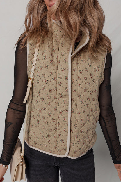 Khaki Floral Print Quilted Concealed Button Vest