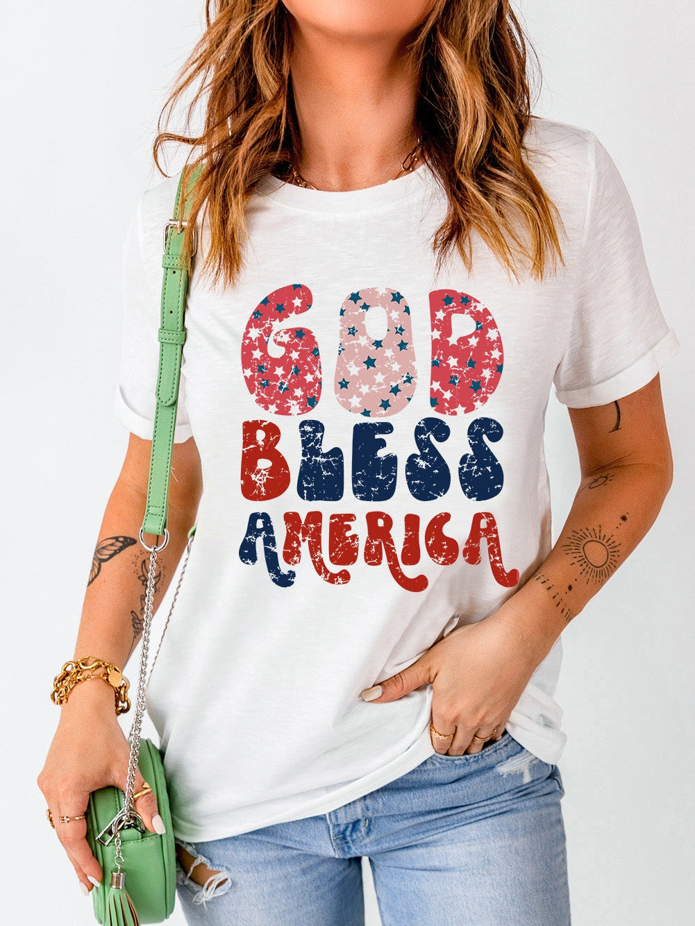 God Bless America Patriotic Graphic Tee in White