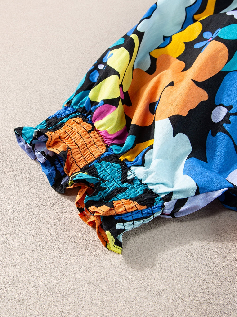 Blue Floral Split Neck Plus Size Collared Mini Dress