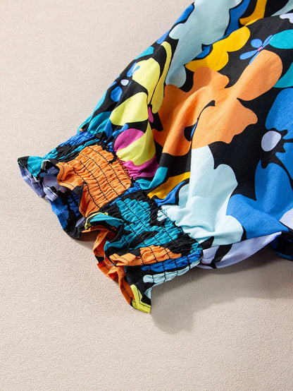 Blue Floral Split Neck Plus Size Collared Mini Dress