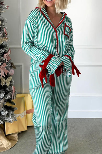 Green Stripe Contrast Velvet Trim Bow Knot Waist 2pcs Pajama Set