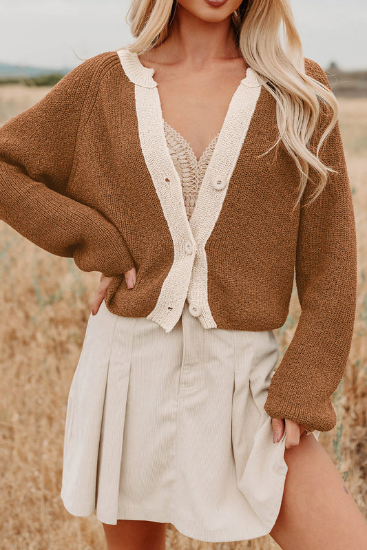 Chestnut Contrast Knit V Neckline Short Cardigan