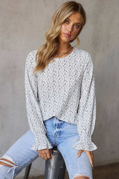 Floral Print Bubble Sleeve Black Blouse with Crinkle Texture