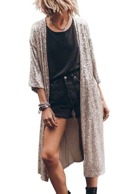Apricot Sequin Embellished Open Front Kimono Duster
