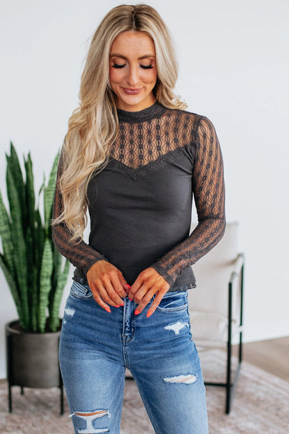 Dark Grey Textured Knit Lace Patchwork Sheer Long Sleeve Top