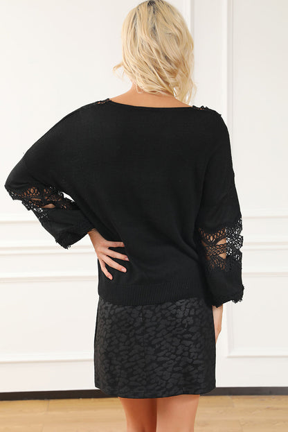 Elegant Black Lace V-Neck Knit Sweater with Hollow Details