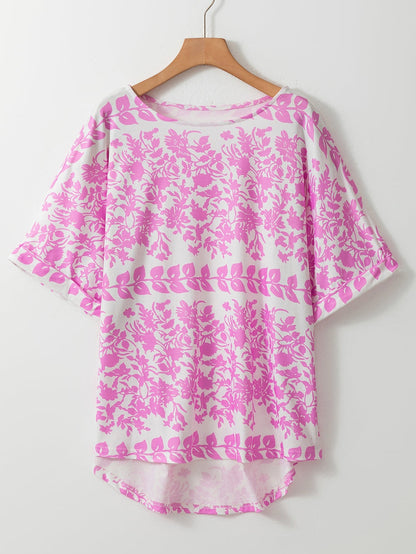 White Floral Printed Round Neck Plus Size Summer Tee