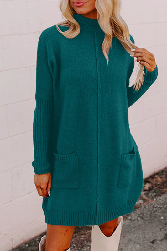 Skobeloff Ribbed High Neck Front Pockets Center Seam Shift Sweater Dress