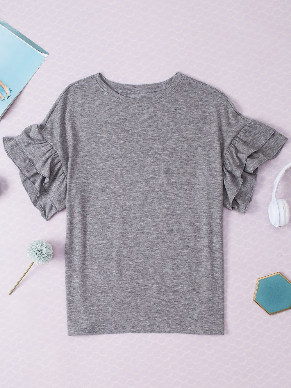 Grey Tiered Ruffle Sleeve Crew Neck Shift Top
