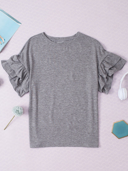 Grey Tiered Ruffle Sleeve Crew Neck Shift Top