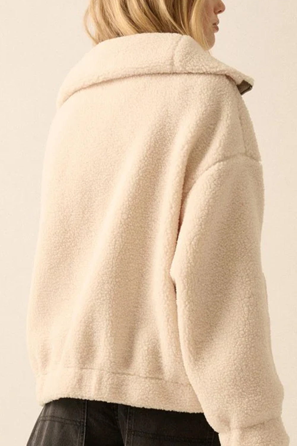 Beige Collar Half Zip Pocketed Fleece Sweatshirt