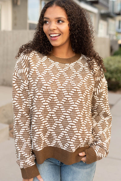 Khaki Patterned Knit Round Neck Sweater