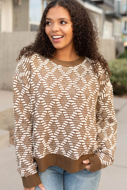 Khaki Patterned Knit Round Neck Sweater