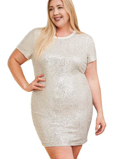 Light Pink Plus Size Sequin Short Sleeve T-shirt Dress