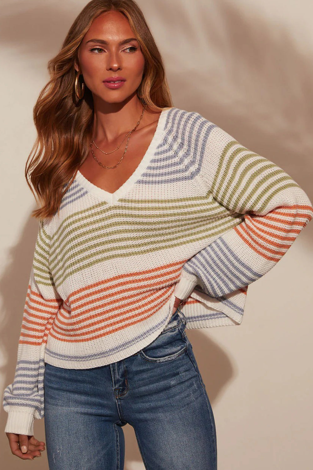 Multicolour Striped Print Raglan Sleeve V Neck Sweater