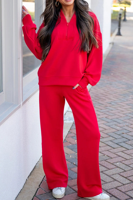 Fiery Red Quarter Zipped Pullover and Drawstring Sweatpants Set
