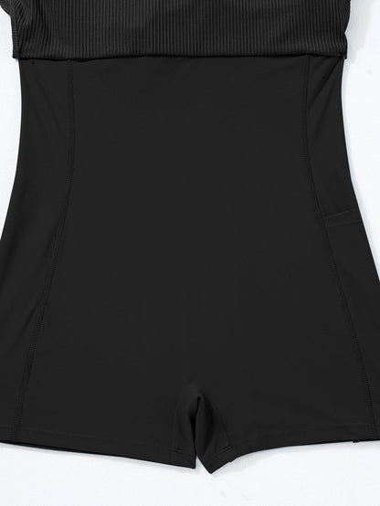 Sporty Black Ribbed Spaghetti Straps Swimdress with Flared Silhouette
