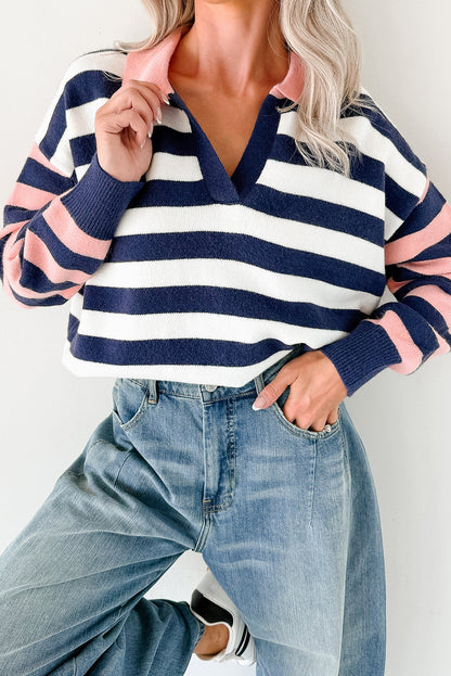Blue Stripe Drop Shoulder Color Block Sleeve Polo Collar Knit Sweater