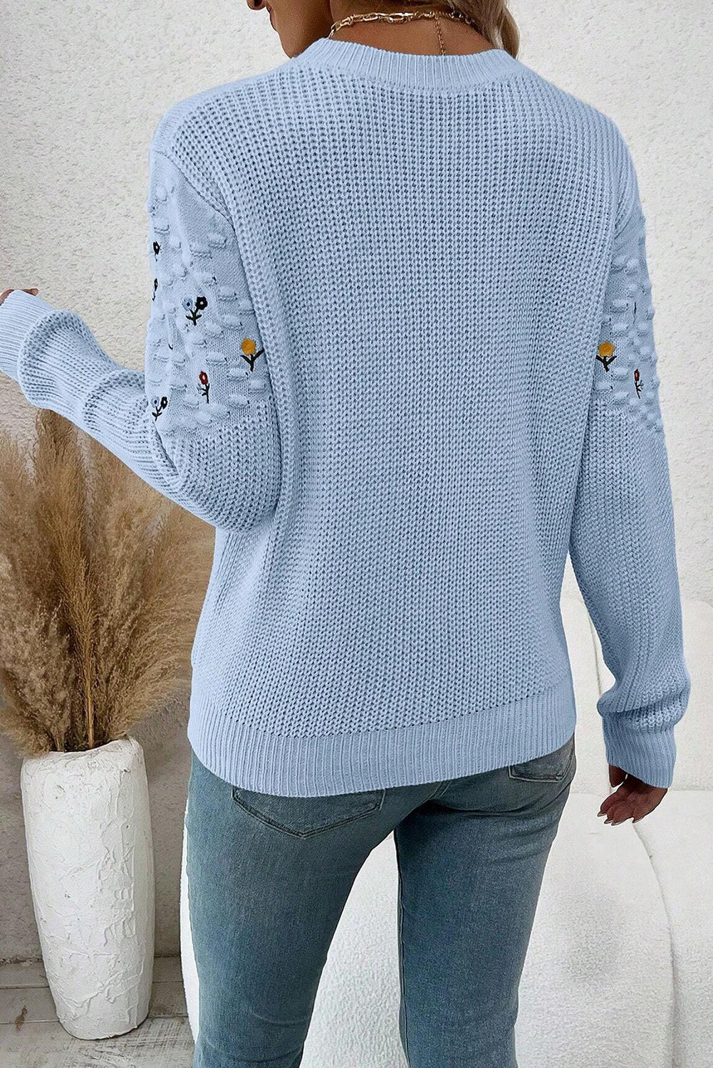 Beau Blue Mixed Texture Knit Flower Embroidered Detail Casual Sweater
