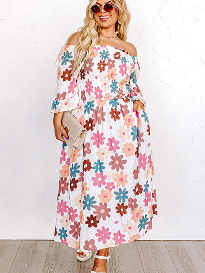 Floral Print Smocked Off Shoulder Plus Size Midi Dress in White