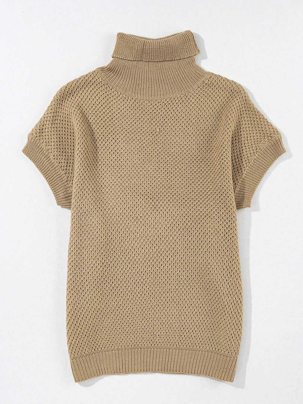Elegant Pale Khaki Turtleneck Textured Short Sleeve Jumper