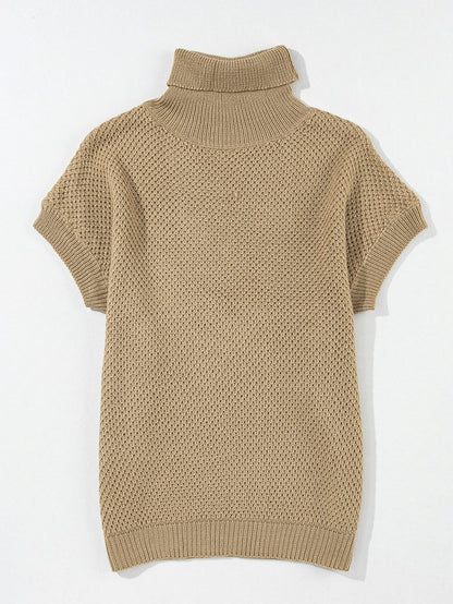 Elegant Pale Khaki Turtleneck Textured Short Sleeve Jumper