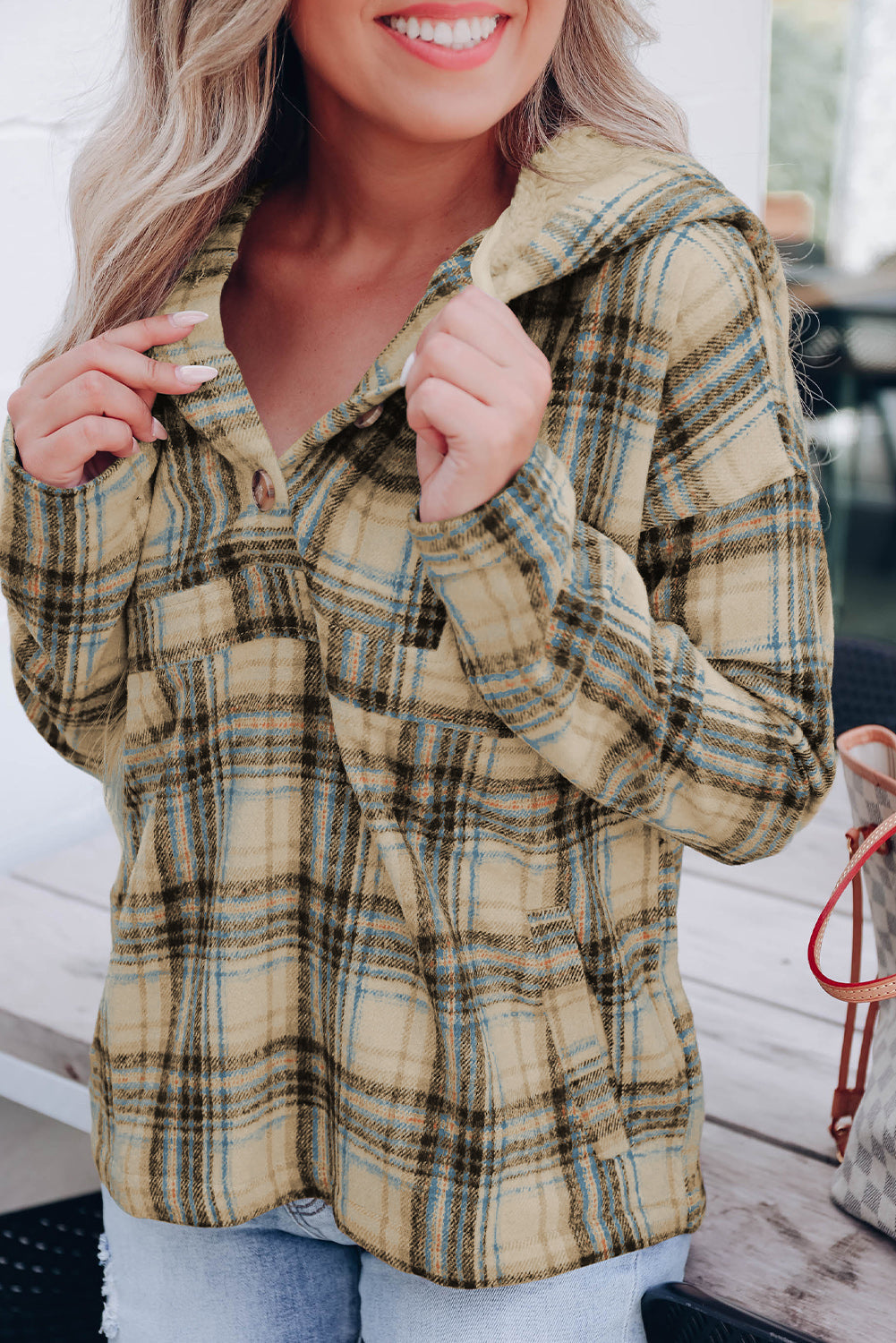 Khaki Plaid Hooded Pullover with Button Detail and Kangaroo Pocket