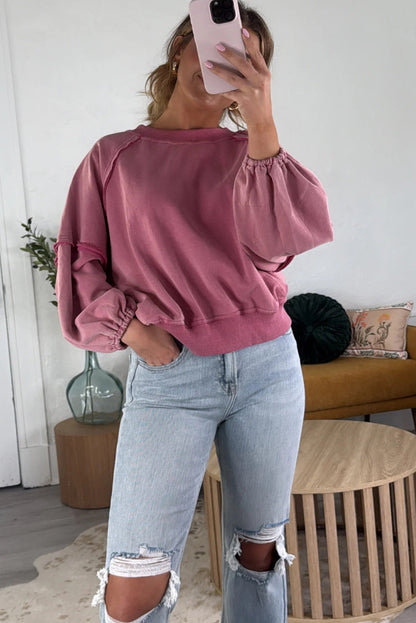 Coral Elastic Cuffs Balloon Sleeve Raw Seam Patchwork Sweatshirt