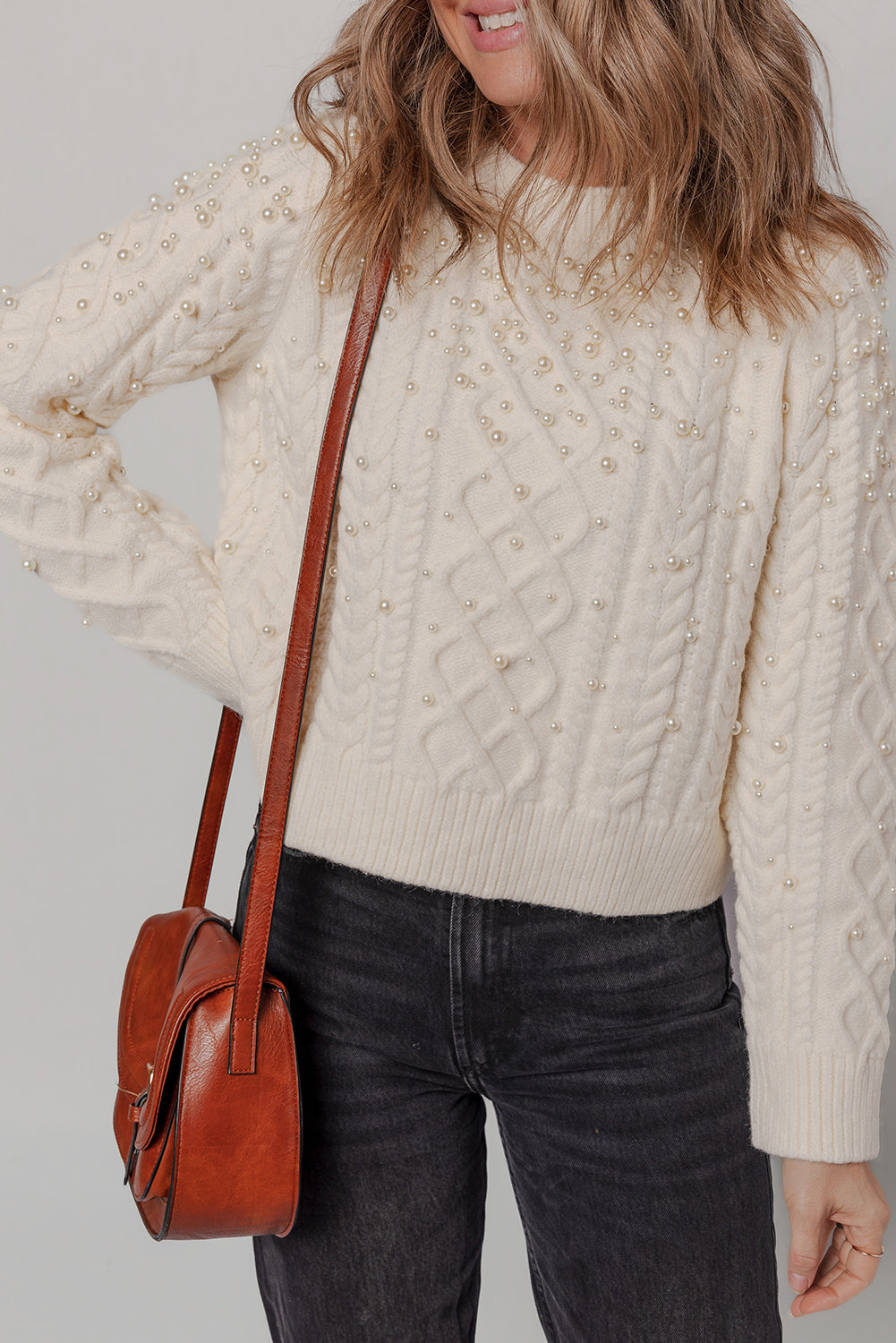 Beige Cable Knit Pearl Embellished Sweater