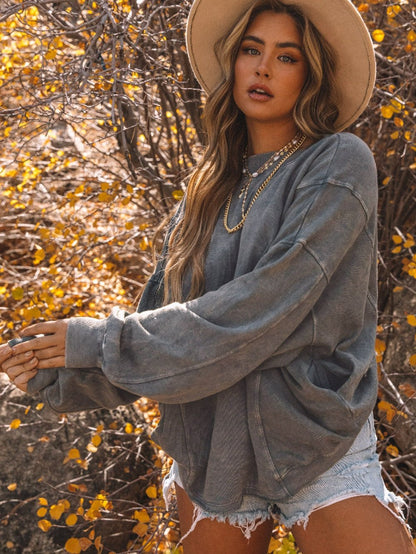 Exposed Seam Twist Gray Oversized Pullover with Open Back