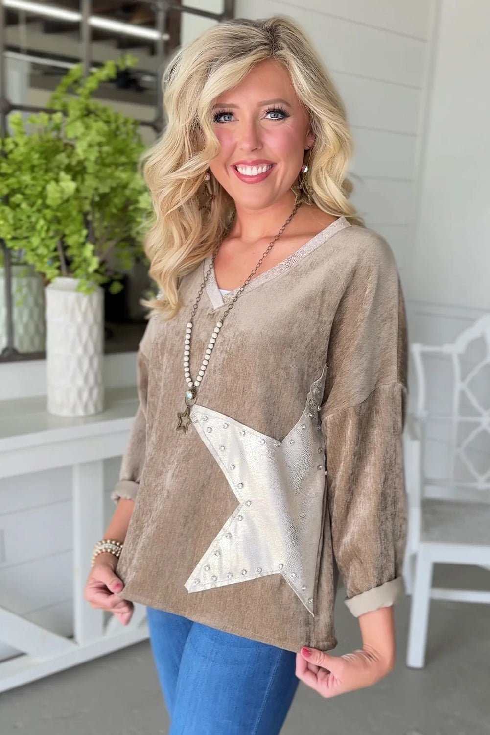 Parchment Sequin & Metallic Rhinestone Star Patches V Neck Long Sleeve Top