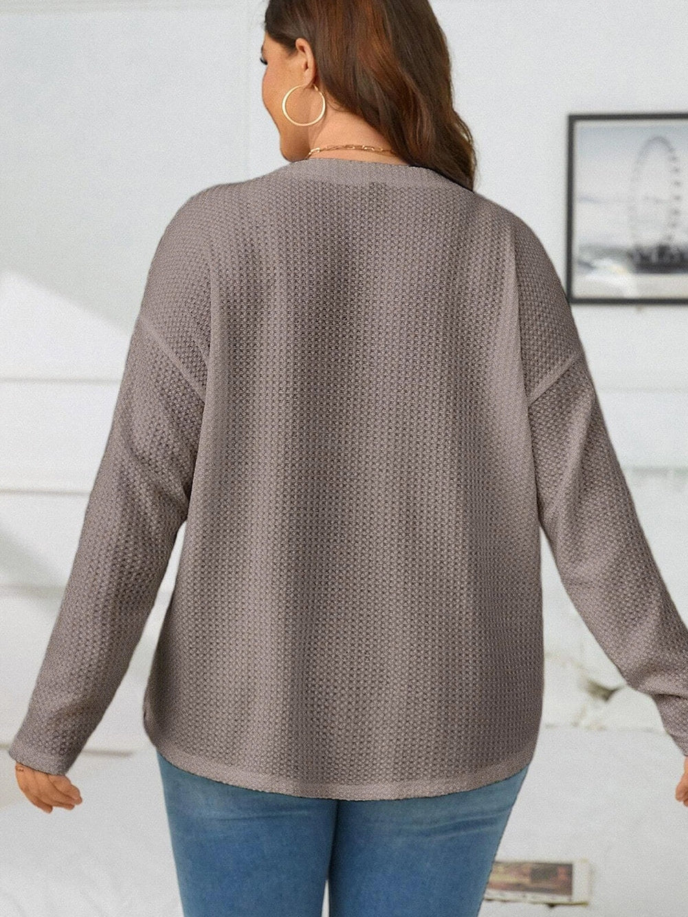 Simply Taupe Waffle Knit Drop Shoulder Button V Neck Plus Size Top