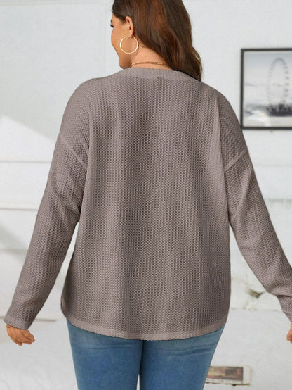 Simply Taupe Waffle Knit Drop Shoulder Button V Neck Plus Size Top