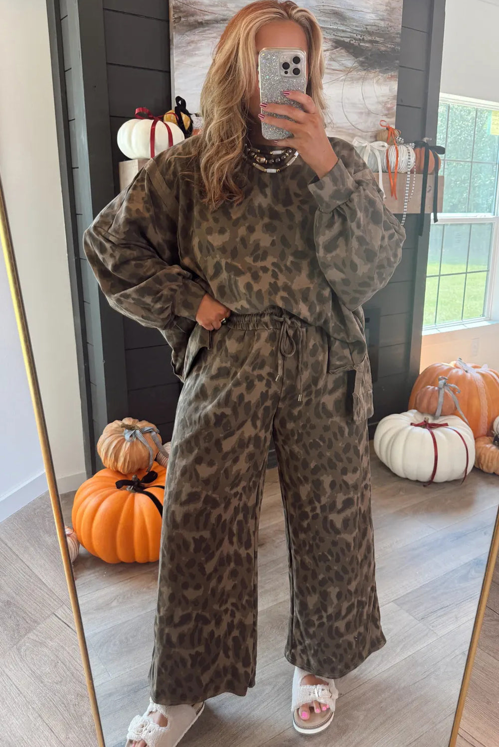 Brown Leopard Print Raw Seam Patchwork Pullover Drawstring Loose Pant Set