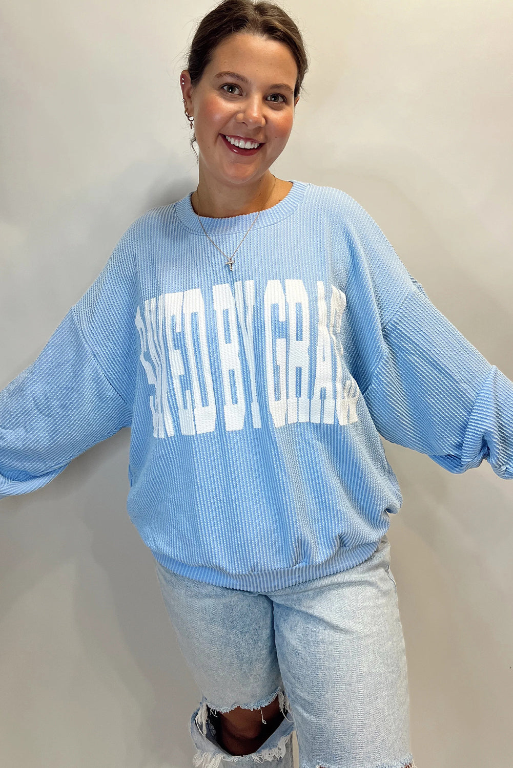 Beau Blue GOD IS LOVE/ SAVED BY GRACE Letter Print Twisted Ribbed Loose Top