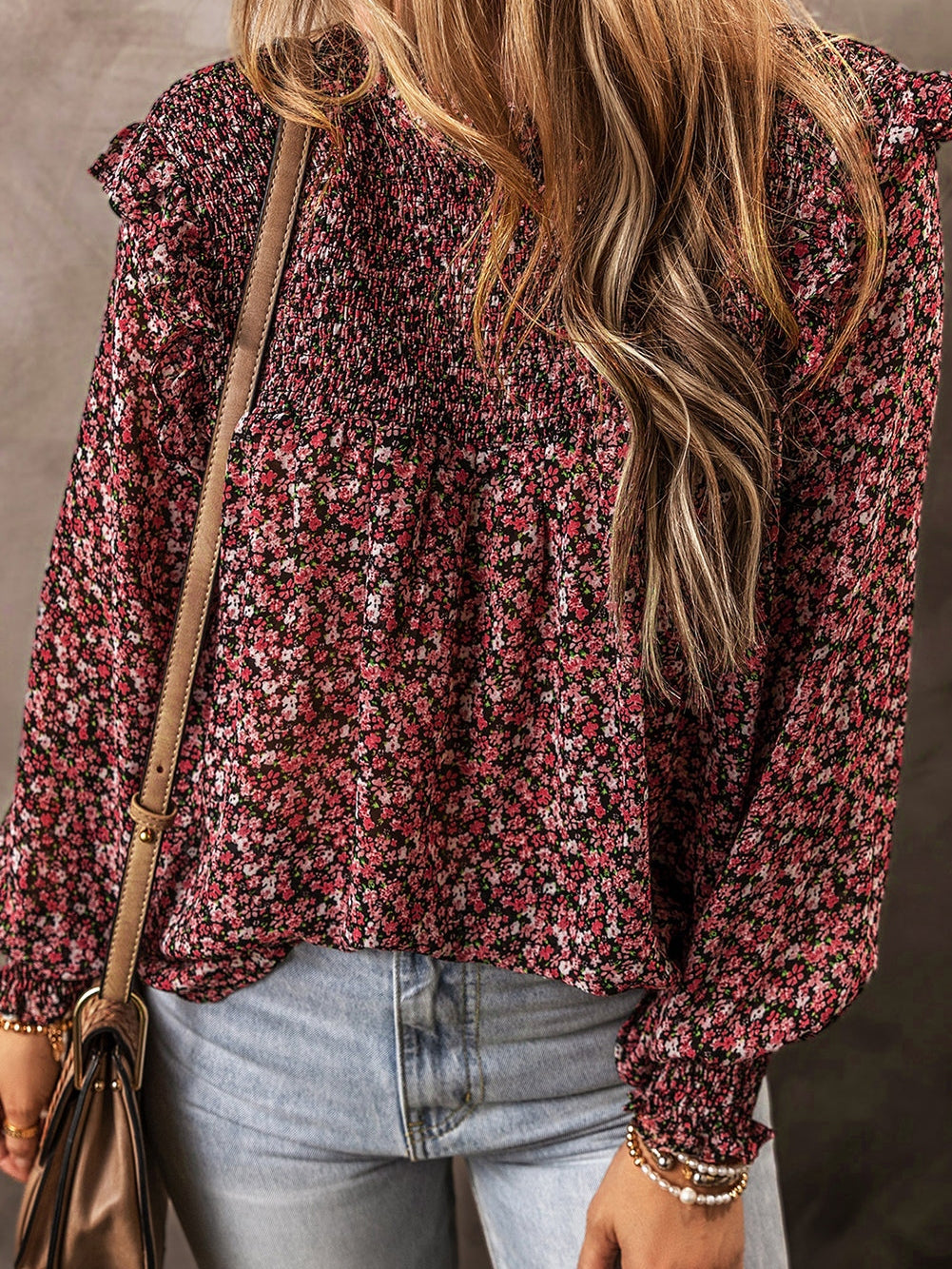 Fiery Red Floral Smocked Ruffle Long Sleeve Blouse for Women